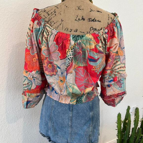 Boho floral palm multi-coloured off-the-shoulder blouse with ruffle sleeves - Picture 5 of 8